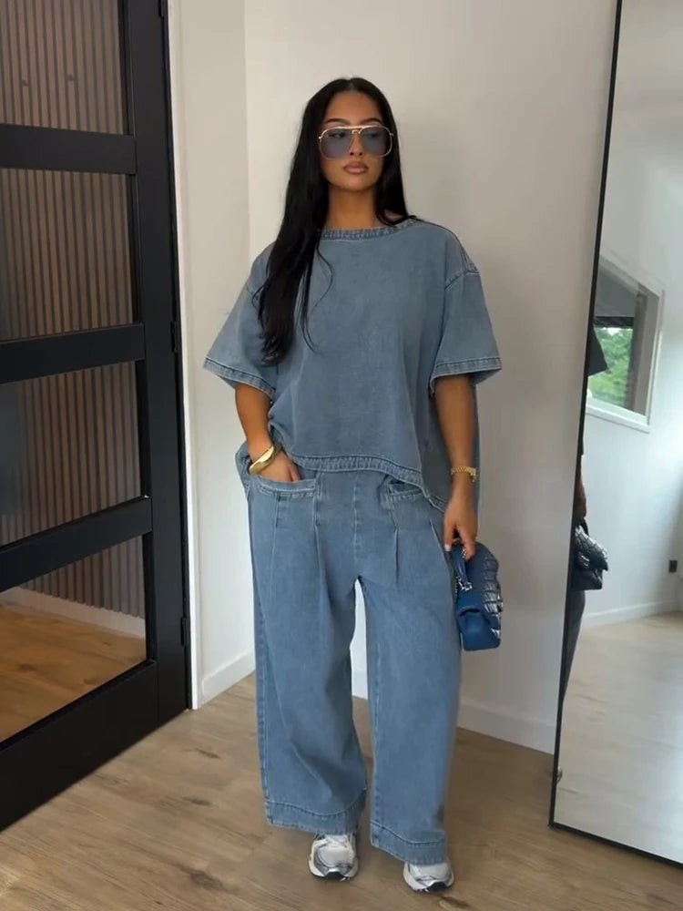 Conjunto vaquero oversize mujer — Top manga corta cuello redondo y pantalón pierna ancha 2026