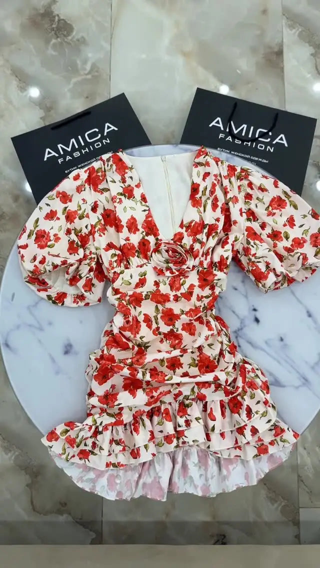 Vestido mini floral con mangas abullonadas y volantes — Mujer verano 2026