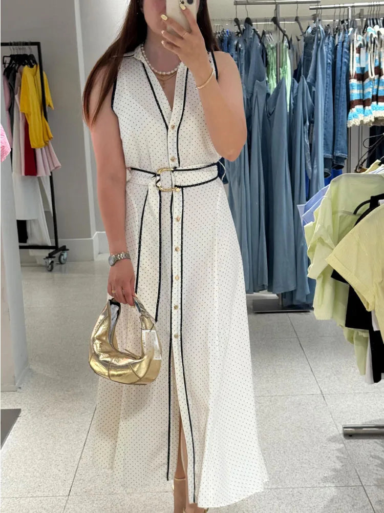 Vestido midi camisero de lunares para mujer — Elegante sin mangas, verano 2026