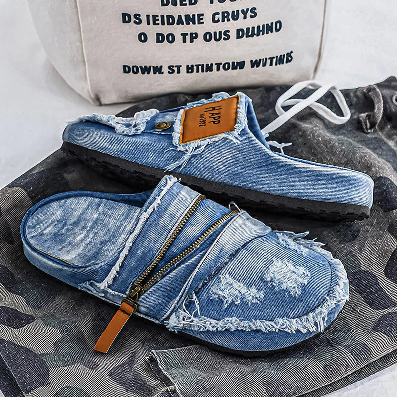 Sandalias de denim desgastado sin tira trasera — Estilo urbano street fashion 2026