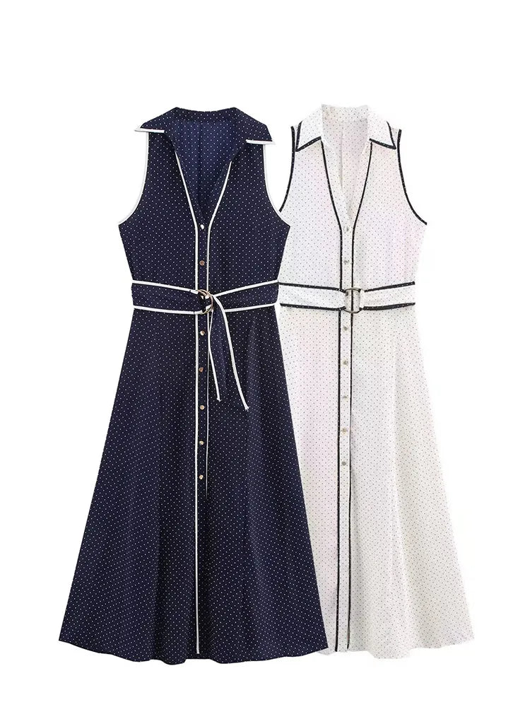 Vestido midi camisero de lunares para mujer — Elegante sin mangas, verano 2026