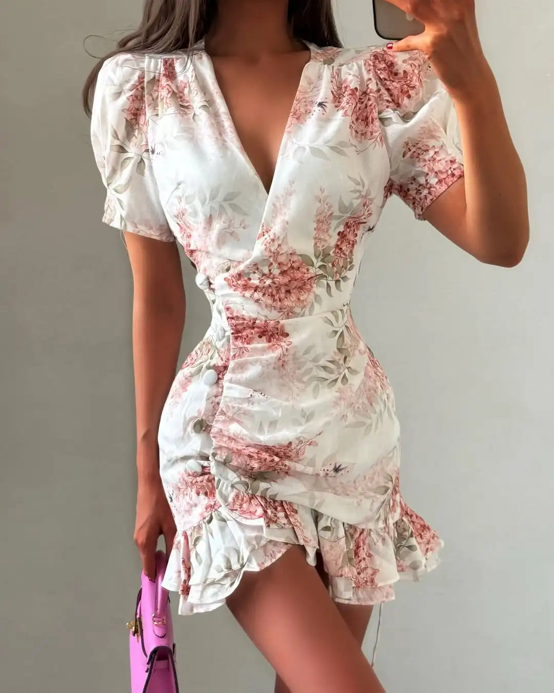 Vestido mini floral con mangas abullonadas y volantes — Mujer verano 2026