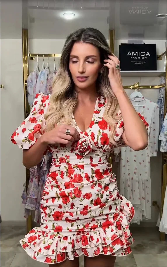 Vestido mini floral con mangas abullonadas y volantes — Mujer verano 2026