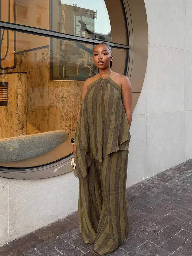 Conjunto halter top y pantalón largo para mujer — Verde oliva, verano 2026