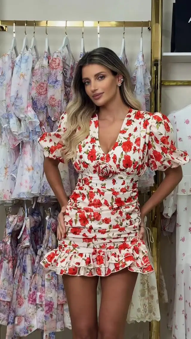 Vestido mini floral con mangas abullonadas y volantes — Mujer verano 2026