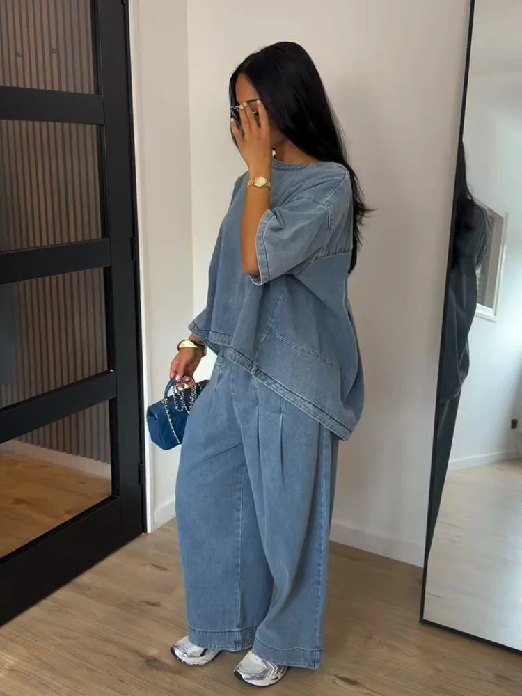Conjunto vaquero oversize mujer — Top manga corta cuello redondo y pantalón pierna ancha 2026