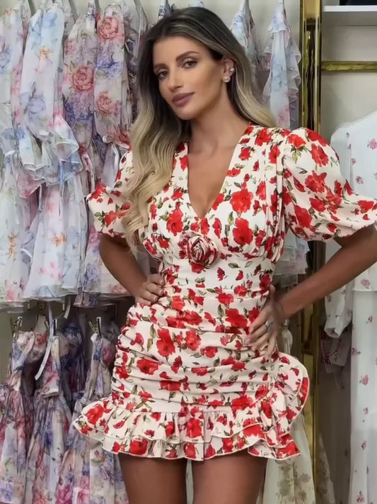 Vestido mini floral con mangas abullonadas y volantes — Mujer verano 2026