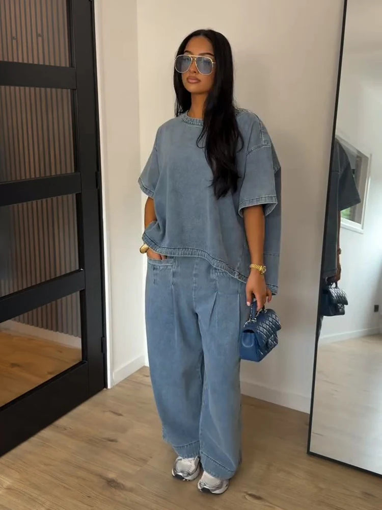 Conjunto vaquero oversize para mujer — Top manga corta y pantalón ancho, verano 2026