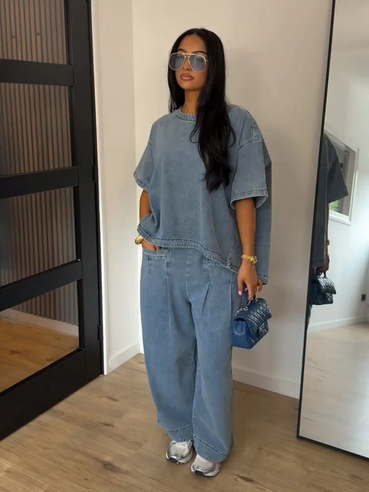 Conjunto vaquero oversize para mujer — Top manga corta y pantalón ancho, verano 2026
