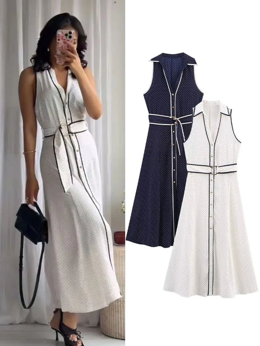 Vestido midi camisero de lunares para mujer — Elegante sin mangas, verano 2026