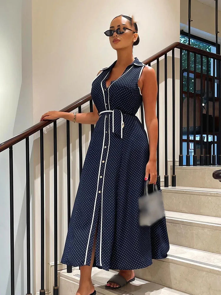 Vestido midi camisero de lunares para mujer — Elegante sin mangas, verano 2026