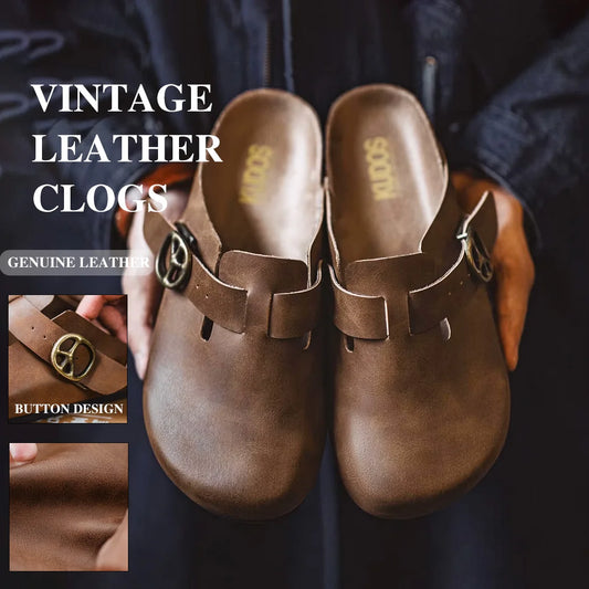 Mules de cuero vintage para hombre — Suela de corcho gruesa, estilo casual verano