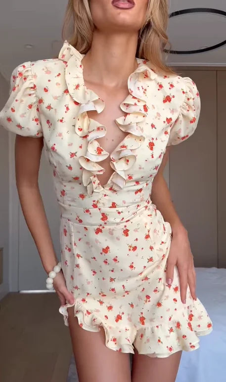 Vestido mini floral con mangas abullonadas y volantes — Mujer verano 2026