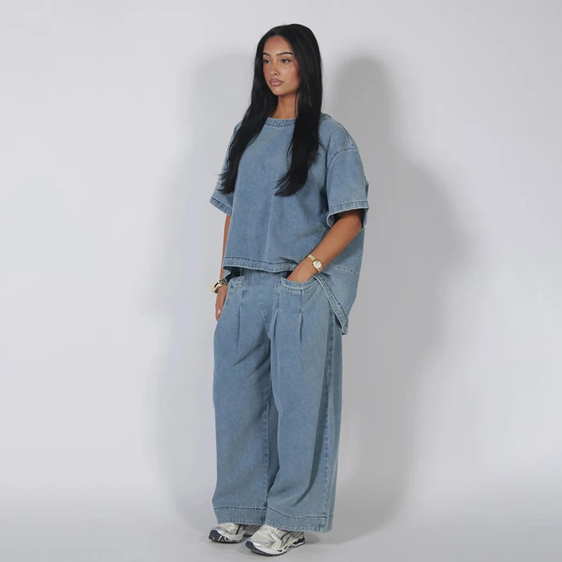 Conjunto vaquero oversize para mujer — Top manga corta y pantalón ancho, verano 2026