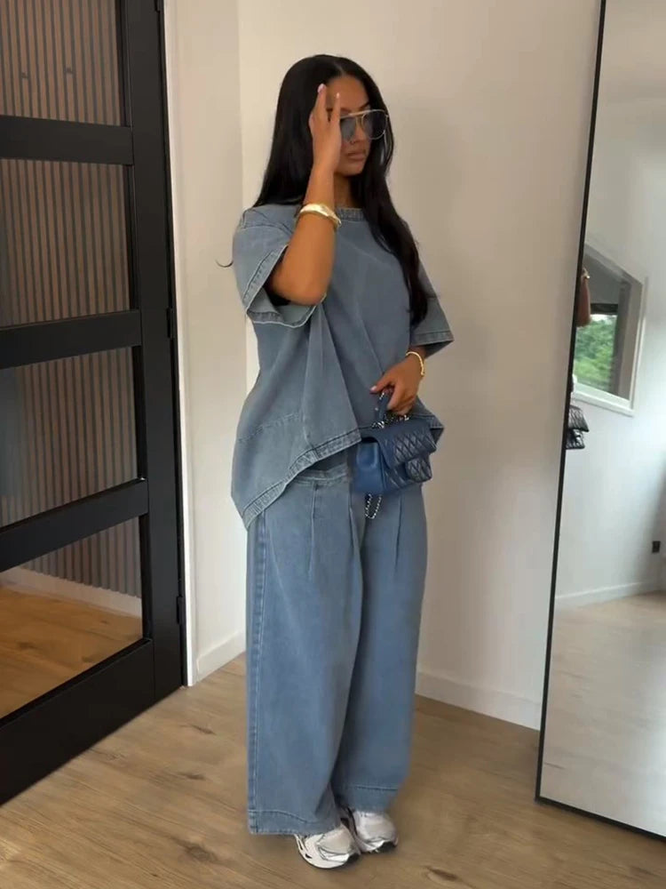 Conjunto vaquero oversize para mujer — Top manga corta y pantalón ancho, verano 2026