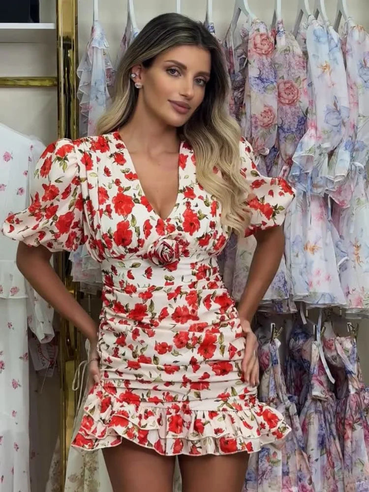 Vestido mini floral con mangas abullonadas y volantes — Mujer verano 2026